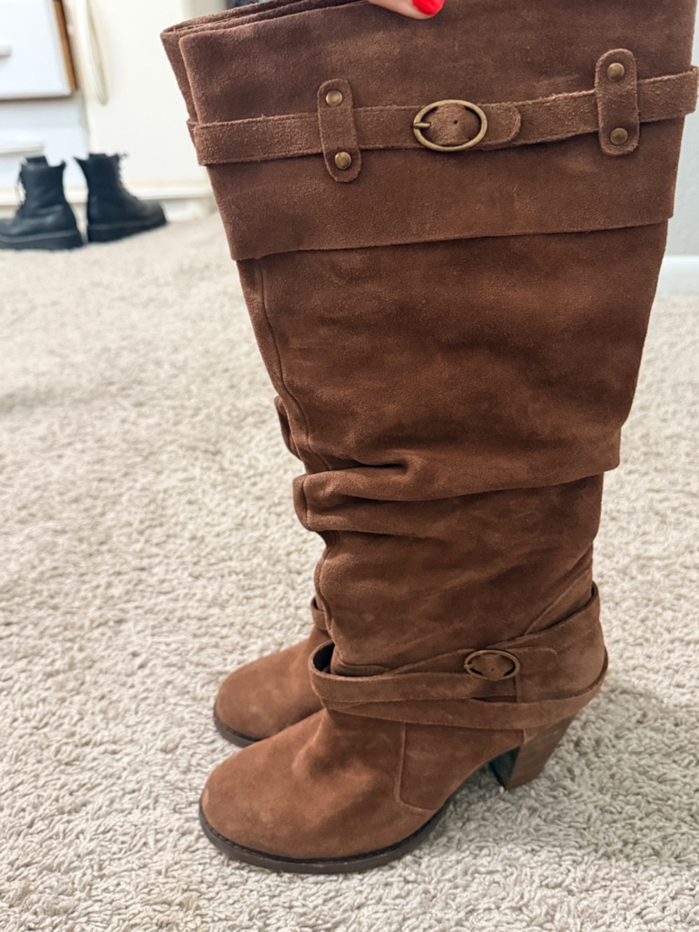 Women's Brown Suede Mid-Calf Heeled Boots